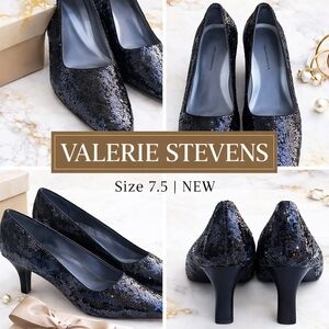 Valerie Stevens Black Sequin Heels 7.5  Sparkly Evening Pumps Party Wedding Glam